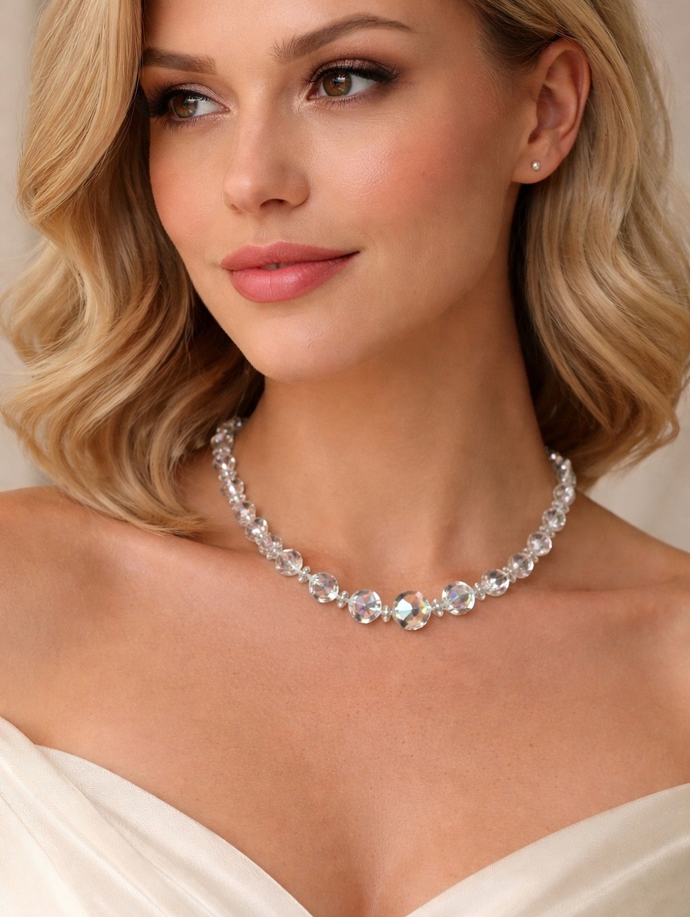 Vintage Aurora Borealis Faceted Crystal Beaded Choker Formal Bridal Necklace